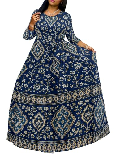 Image of Women Plus Size Long Sleeve V Neck Maxi Dress with Belt | Soft fabric relaxed fit three quarter sleeve v neck with pockets for party and daily wear