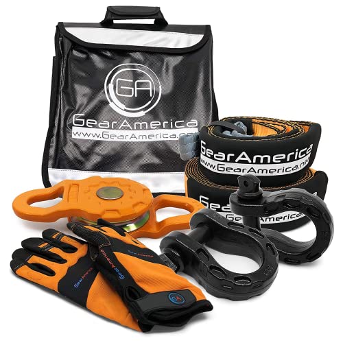 GearAmerica Off-Road Mega Recovery Kit - Ultimate 4x4 Winch Accessories - Includes Tow Strap, Tree Saver, Heavy Duty Snatch Block Pulley, Winch Line Dampener, Recovery Gloves & Black Mega Shackles