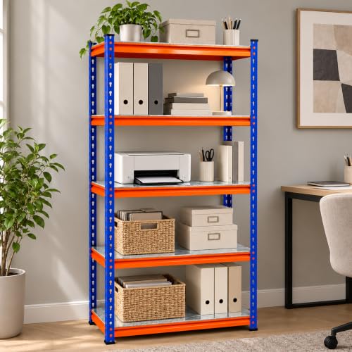 Image of JD FRESH 5 Tier Multipurpose Metal Storage Rack /GI Steel Shelf Boltless Rack with Stiffener /72x36x12 inch Adjustable Standing Shelves Unit /175kg Load Per Shelf /Storage Rack for Shop(Blue&Orange)