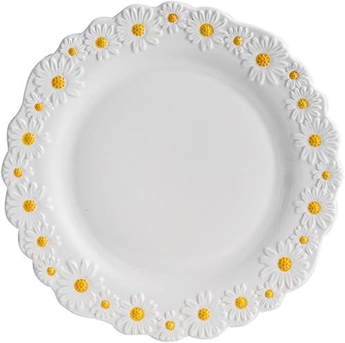 WAYUTO - Plato plano de cerámica con margaritas en relieve, plato de postre pequeño con borde de margarita, plato de carne irregular para sopa,