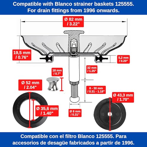 Spülbecken Siebkörbchen, Ø 82 mm, Ersatz für 125555, kompatibel mit Blanco 3,5 Ablaufgarnituren ab Bj. 1996, 24 Schlitze Siebkorb, 27-57 mm Exzenter Zapfen, Ø 8 mm Stift, Zubehör für Küchenspüle