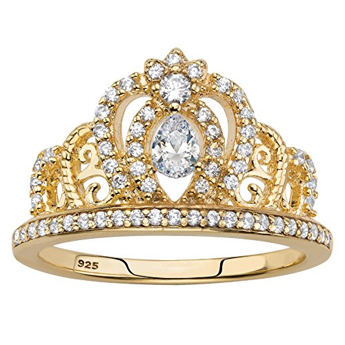 14K Yellow Gold over Sterling Silver Pear Cut and Round Cubic Zirconia Crown Ring Size 9