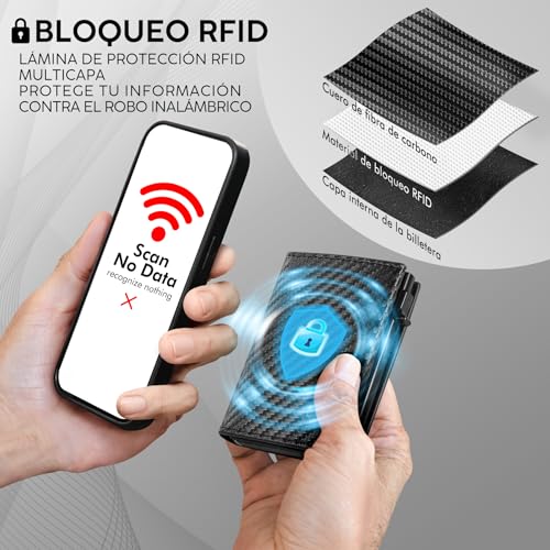 Miniatura 5 de Tenbst Carteras Para Hombre, Porta Tarjetas De Crédito De Fibra De Carbono Con Rifd Protección Tarjetero Hombre Minimalista, Carteira Para Cremallera Y Billetes Caja De Regalo, Negro