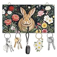 DELORIGIN Retro Rabbit and Flowers Key Holder Key Hooks Wall Mounted Wooden Key Racks with 5 Hooks Key Storage Organizer House Key Hanger for Wall Decor Door Entryway Hallway Kitchen New Home Gift
