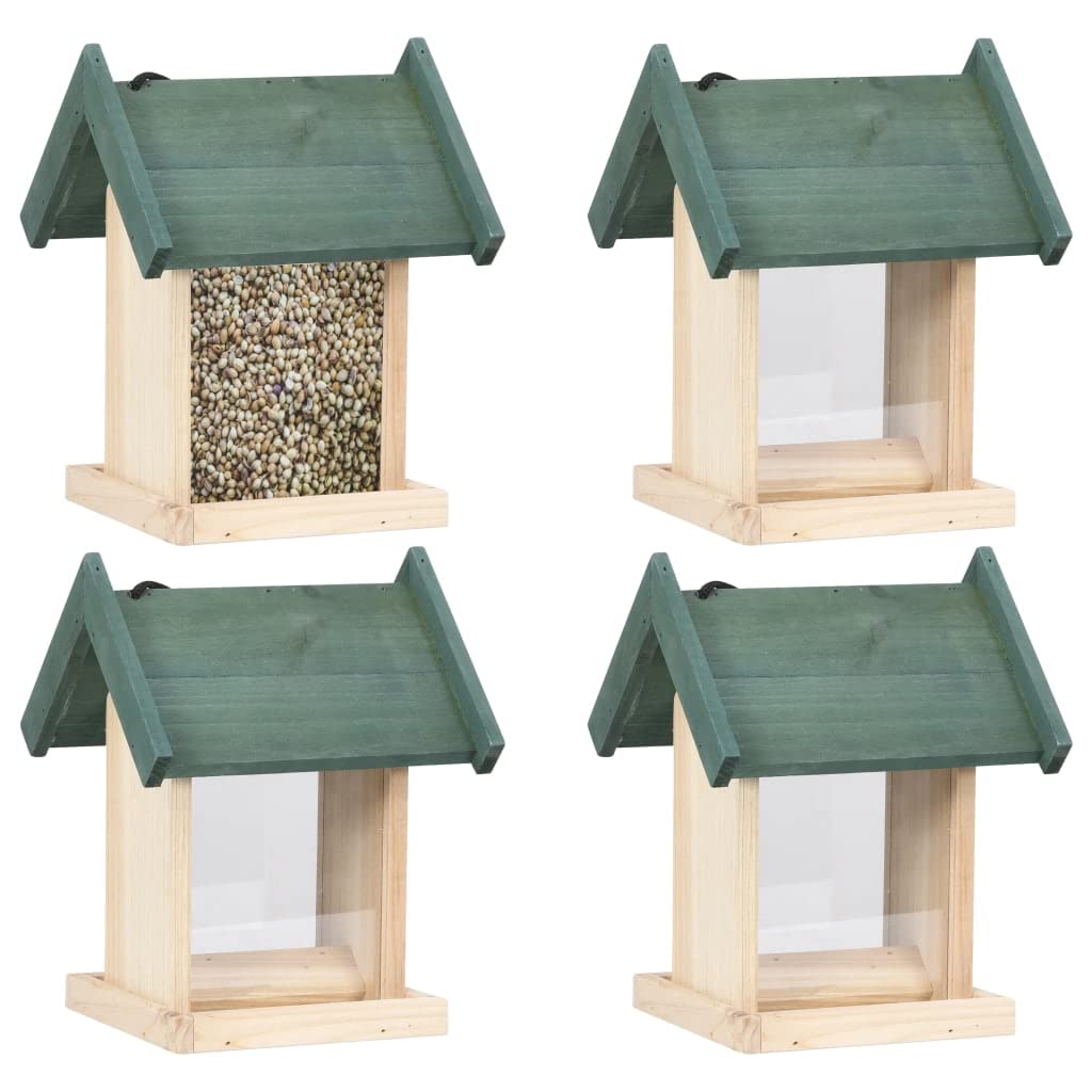 Vogelfutterhäuser aus Tannenholz 4 Stück 19x19x25 cm wetterfest mit abnehmbarem Dach und PVC-Futterschutz ideal für Garten, Balkon, Terrasse als Wildvogel Futterstation und Futterplatz