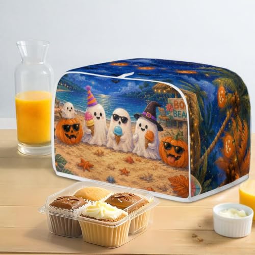 Image of Talayituse Beach Ghost Pumpkin Print Toaster Cover 2 Slice Wide Slot, Lightweight Bread Maker Cover Dust Protection Washable Appliance Bag Halloween Decor, S