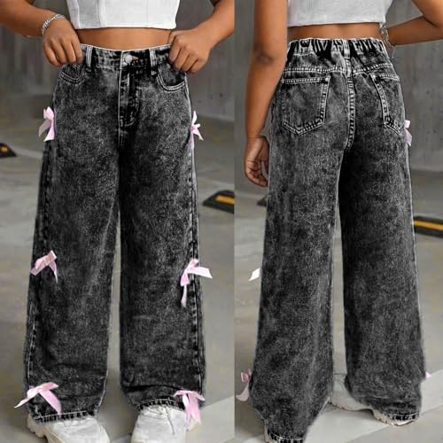 Bow Jeans for Girls Baggy Barrel Denim Pants Cute Casual Trousers with Pockets 6-16 Years2