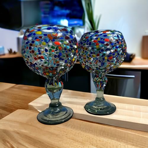 Generic Set of 2 Hand Blown Mexican Margarita Glasses with Colorful Pebbles Design - Large 23oz Fish Bowl Glasses