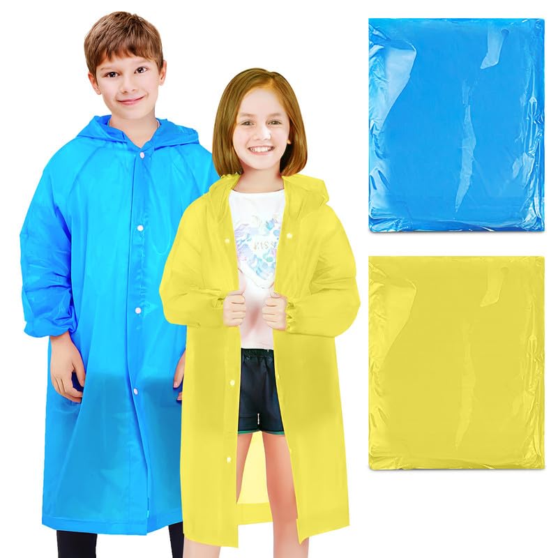Image of BFONS 2-3 Pack Rain Ponchos for Kids, Reusable Raincoats for Boys Girls with Hood and Sleeves, Waterproof Rain Jackets