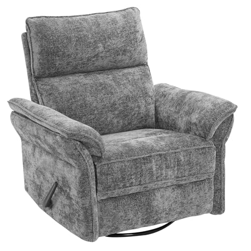 Image of Swivel Rocker Recliner with Adjustable Headrest,Upholstered Glider Rocker Recliner with Overstuffed Armrest,Manual Recliner Nursery Chair for Living Room,Grey
