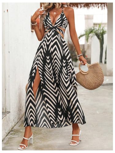 Image of SOLY HUX Women's Tie Backless Cut Out Halter Dress Deep V Neck High Split Long Flowy Dresses