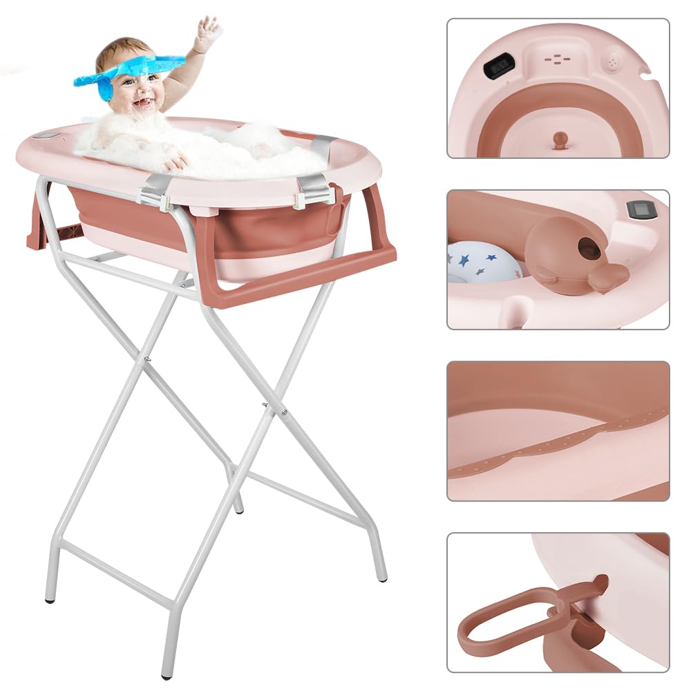 OHMG Vasca da Bagno per Bambini Pieghevole con Piedi, Grande Vasca XXL con Supporto, Termometro 2.0, Seggiolino e Kit di Drenaggio, Vaschetta per Neonati, Ideale per la Doccia, Dalla Nascita a 3 Anni