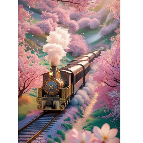 Image of Diamond Art Painting Kits for Adults, Vintage Steam Train 5D Diamond Painting Dots Art Kits for Beginners, Cherry Blossom DIY Full Round Gem Crystal Art Paint by Diamond, Home Wall Decor 12x 16 in
