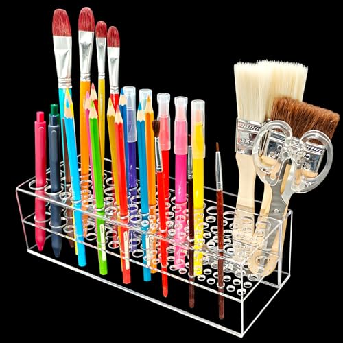Image of Acrylic Paint Brush Holder 77 Holes and Multi-functional Compartment Paintbrush Organizer Artist Brush Holder Paint Brush Stand Rack for Pens Pencils