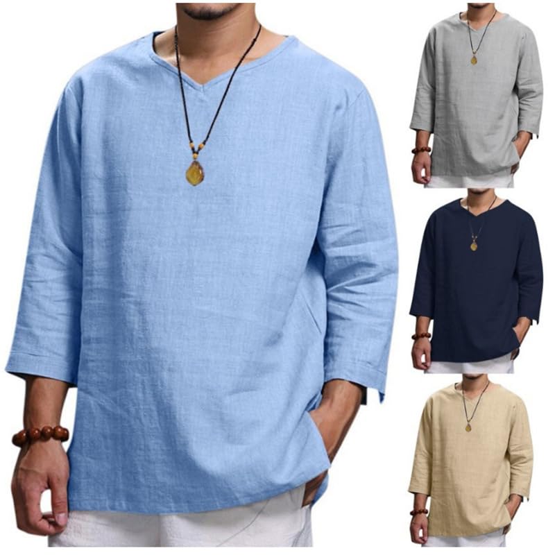 LOAIHA Men Cotton Linen Shirts Hippie Baggy Breathable 3/4 Sleeve Blouse Summer Casual Crewneck Beach Tunic Tops
