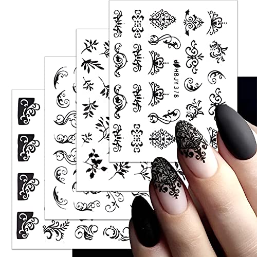 12 Sheets Black Flowers Nail Stickers Flora Nail Decals 3D Self Adhesive Nail Supplies Black Lace Retro Flower Vine Leaf Crown Nail Designs For Women Nail Decoration #TOP3