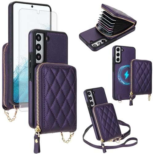 Coque Samsung S22 5G Asuwish Étui Portefeuille Magnétique 2 en 1 avec Protège-Écran et Bandoulière