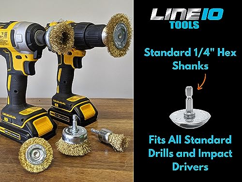 Image of LINE10 Tools 3pk 4-Inch Large Wire Wheel Brush Drill Impact Driver Attachment Circular Round Brass Coated Steel Grill Cleaning Heavy Duty Scrubbing Paint Rust Removal Deburring Metal 1 /4 inch Hex Shank