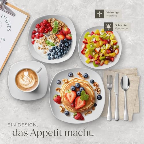 tectake® Geschirrset 12 Personen, Porzellan Geschirr Set 100tlg, u.a. 12x Dinner Teller Set, 12x Dessertteller, 12x tiefe Teller, 12x Tasse, 12x Müslischale, Salatschüssel, Milchkännchen, Zuckerdose