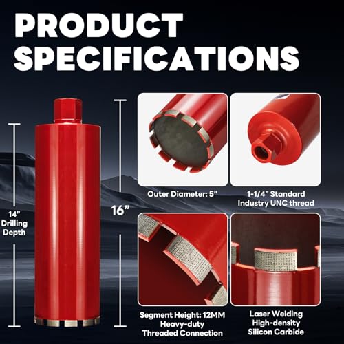 Image of Premium 5 inch Wet Core Drill Bit for Hard Concrete with High-Density Diamond, Precision-Welded Segments, 1-1 /4 inch-7 UNC x 14 inch Depth, Industrial Grade for Concrete Rebar, Brick, Masonry, Asphalt