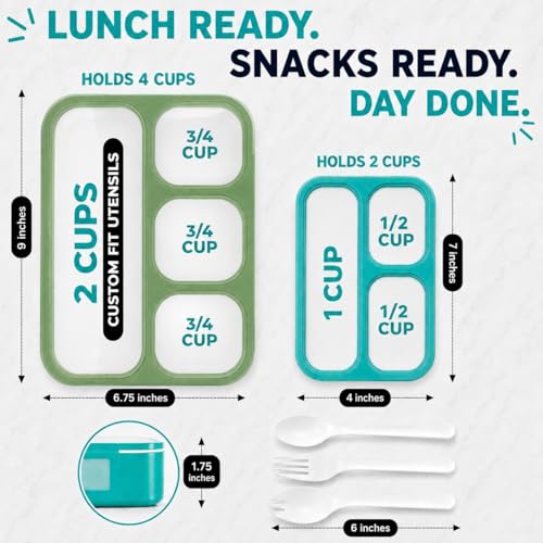Image of kinsho Bento Lunch Box And Snack Container Set For Kids And Adults - Large 4 & Small 3 Divided Food Compartments - Portion Control Meal Prep - Reusable for School Work Travel - 2 Pack Green Blue Set