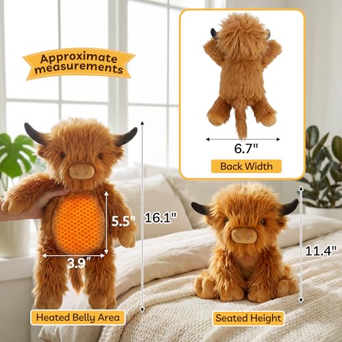 Image of Electric Heated Highland Cow, USB Heating Pad Stuffed Animal for Women | Soft warm plush with auto shut-off, ideal for stomach, belly, back and neck. Unscented design for period use.