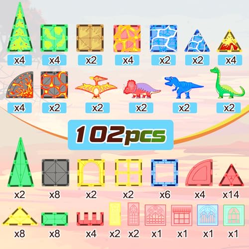 image for Coodoo 102PCS Dinosaur Toys Magnetic Tiles with 8 Dinosaurs - Jurassic