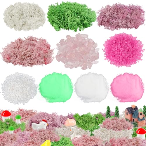 QUOZUO Pink Theme Scenery Basing Material Kit, 10 Pack Fairy Garden Miniatures Accessories Kit Dry Grass Moss Mixed Model Sand and Stone Fake River Desert for DIY Crafts, Mini Garden Sand Model