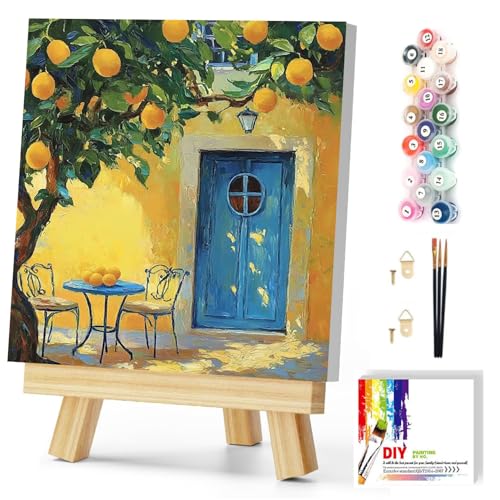 Gemozaic Lemon Tree Paint by Numbers Kit for Adults with Frame and Easel, Lemon Framed Adults' Paint by Number Kits, Oil Acrylic Painting for Home, Office, Wall Decor, 8 x 8 Inch