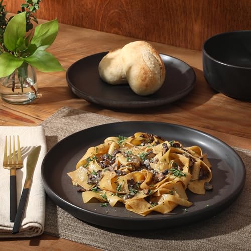 Image of Gibson Elite Pasco 12 Piece (Service for 4) Plates and Bowls Reactive Glaze Dishes Stoneware Ceramic Dinnerware Set - Black