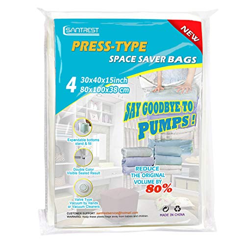 SANTREST Cube Vacuum Storage Bag Bolsas De Ahorro De Espacio Superior para el Edredón, Almohadas, 4 Jumbo 80cm×100cm×38cm, Organizador De Armario para Dedding, Mantas, No se Necesitan