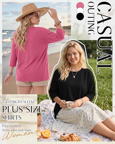 Image of Locoowai 3 Pack Women Plus Size Tops 3 /4 Sleeve Cotton Crew Neck Oversized T Shirts Loose Fit Tee Tunic Casual Blouse