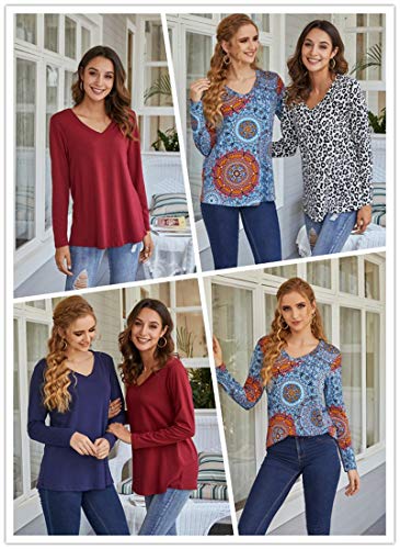 LONGYUAN Women Winter Top Casual Loose Fitting Tshirts Long Sleeve V Neck Cotton Tunic Fl Mix Blue,X-Large