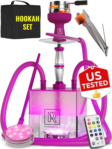 Purple Hookah Set 2 Hose - Purple Hookah Set with Everything - YADO Square Hooka With Case with Hookah Coal Holder & Amazing Led Light Remote & Big Silicone Bowl & Bag for Shisha