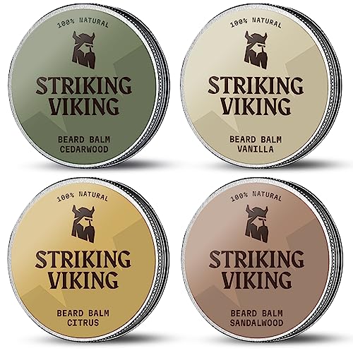 Striking Viking Acondicionador de bálsamo para barba para hombres – Paquete variado de 4 con aromas de vainilla, sándalo, cítricos y madera de cedro – Estilos y condiciones con manteca