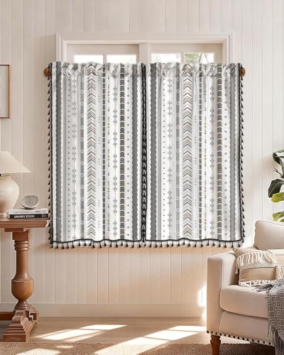 Image of Miss Adola Boho Kitchen Curtains - 45 Inch Length Linen Blend Modern Striped Cafe Curtains Tassels Tier Curtain Short Drapes Rod Pocket for Bathroom Living Room Windows Light Filtering, 2 Panels
