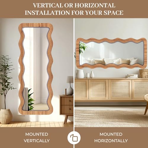 Image of Creative Arts n Frames 22 x 52 inch Full Length Dressing Chevel Long MDF Wood Zigzag Curvy Irregular Shape Framed HD Mirror Home Decor Items (Natural Iqurel Oak Light Zigzag2 Full Length Mirror)