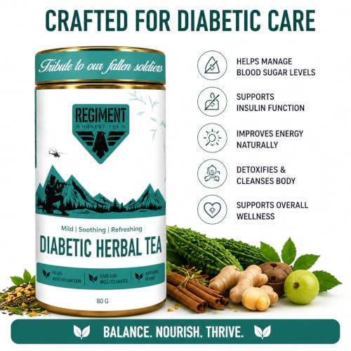 Image of Regiment Diabetic Herbal Tea 80g | Premium Ayurvedic Herbal Chai | Green Tea with Gudmar, Jamun & Bitter Gourd | Rich in Natural Antioxidants | No Artificial Flavour