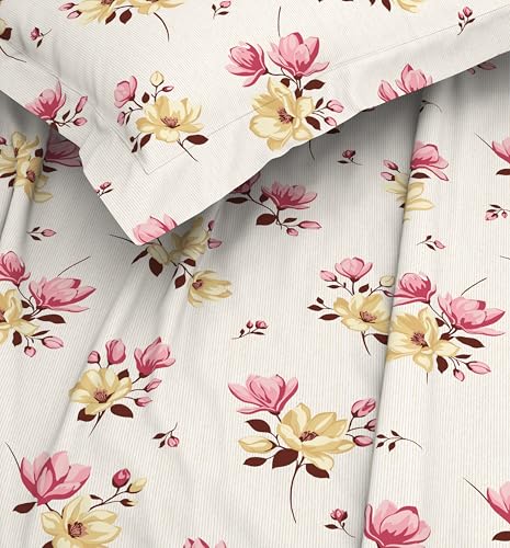 Image of Welspun ENZO King Size Fitted Bedsheet with 2 Pillow Covers | 360 Elastic | 100% Pure Cotton | 72 x 79 Inches | Soft, Breathable, Lightweight & Easy Care | Summer Melon