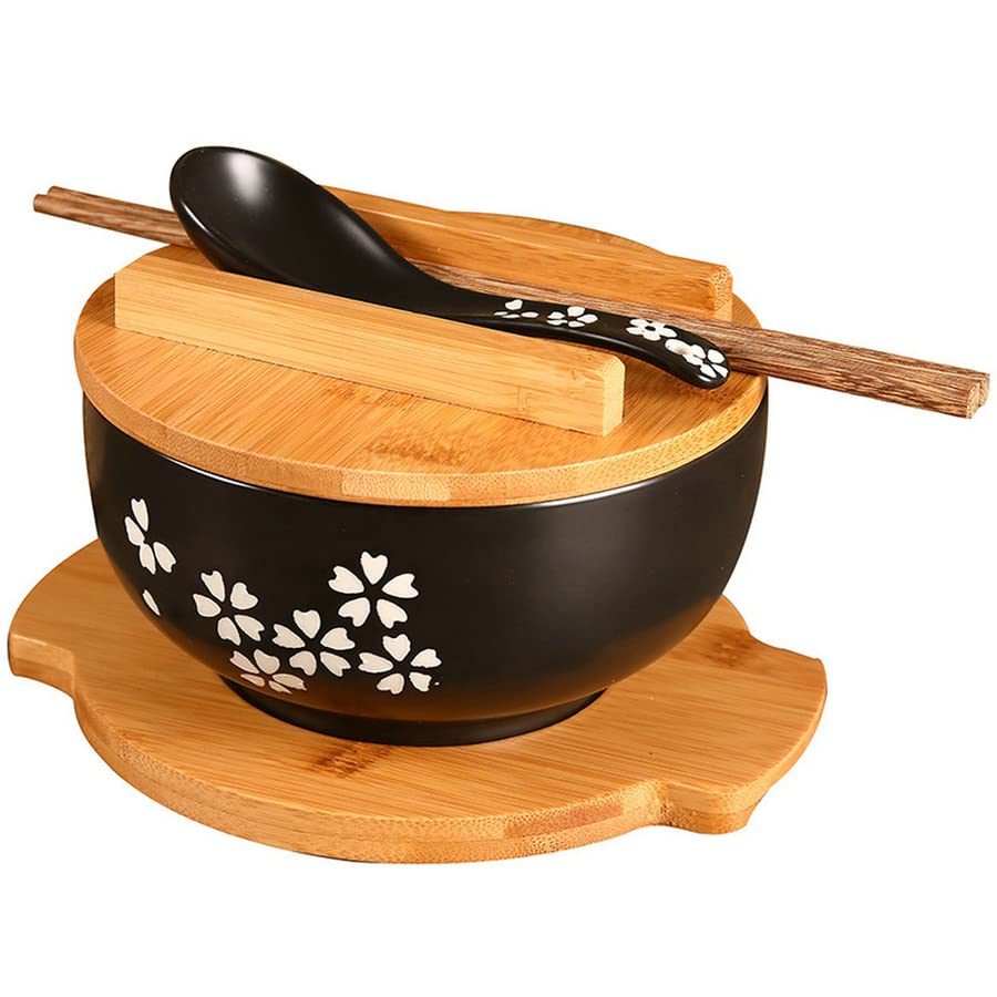 1 zestaw misek na makaron ryżowy w japońskim stylu z pokrywką łyżką i pałeczką kuchenna zastawa stołowa ceramiczna miska do zupy sałatkowej, pojemnik na żywność (5 szt./zestaw - czarny)