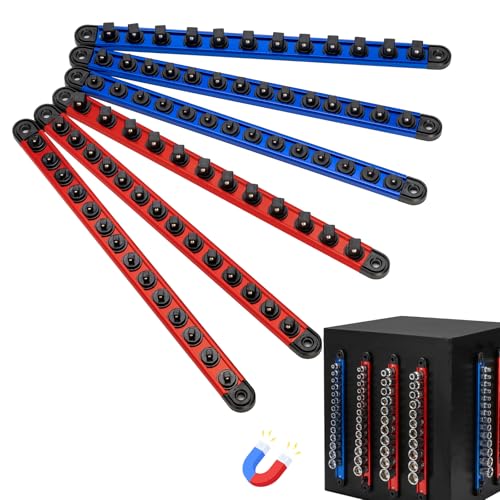 Tzuoen 6PC Magnetic Socket Organizer Set 1/2 3/8 1/4 Drive Aluminum Alloy Socket Holder with Removable Socket Clips for Quick Customization Socket Rail for Tool Box Drawer