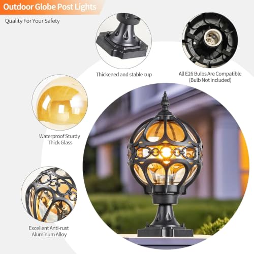 Image of 2 Pack Sphere Outdoor Post Light Fixtures, 13.4 inch Black Globe Post Lamp Hardwired Pier Mount, Amber Glass Anti-Rust Aluminum Exterior Pillar Lantern for Yard Patio Garden Porch Pathway Fence