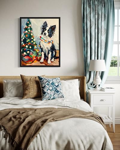 Image of Border Collie Christmas Black Framed Wall Art Print Poster, Dog Pet Lover Picture Painting Artwork Bedroom Living Room Office Dining Room 150D (Border Collie Christmas, 10 inch L x 8 inch W, Black Frame)