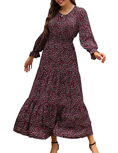 KOJOOIN Women Long Sleeve Maxi Dress Smocked Waist Crew Neck