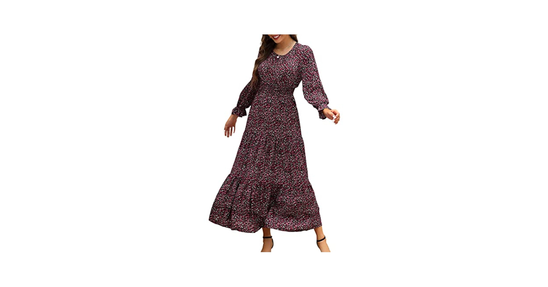CHONO Tiered dress ロング丈 KOJOOIN Women Long Sleeve Maxi Dress Smocked Waist Crew Neck