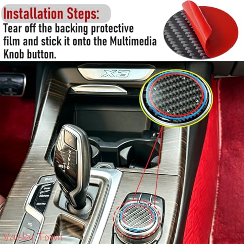 Image of Center Console Multimedia Knob Button Cover compatible with BMW Interior | 1.81 inches for X3 X4 X5 X6 1 3 4 5 7 Series 3GT 5GT,High Clarity Resin with Real Carbon Fiber Texture, Sporty Ring Design