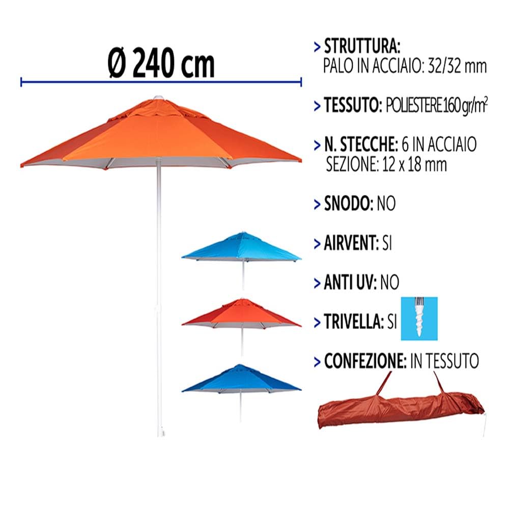 Ombrellone da Spiaggia Giardino Antivento grande Diametro 240 cm con Trivella Integrata e Airvent Struttura in Acciaio Rinforzato a 6 Stecche Tessuto Poliestere Alta Qualità Sacca Inclusa