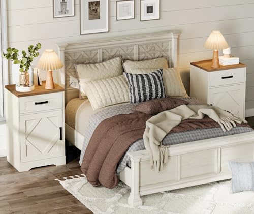 WAMPAT 31.9-Inch Tall Nightstands Set of 2 - Farmhouse Style with Drawer and Adjustable Shelf, Antique White
