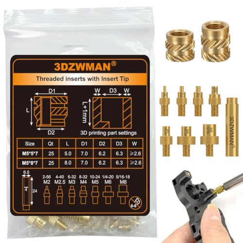 M5 Threaded Inserts with M2-M8 Heat Set Insert Tools,Brass Metric Knurled Nuts for 3D Printing Components and Plastic Parts (M5x5x7-25PCS M5x8x7-25PCS)