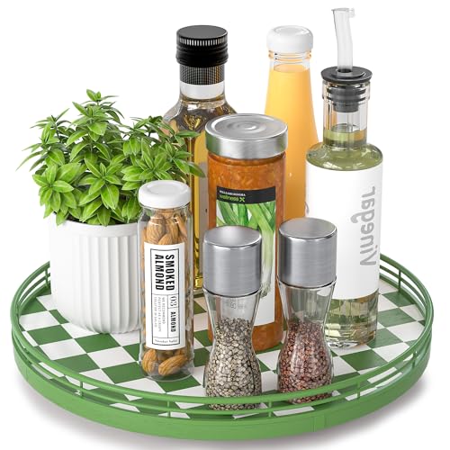 Image of Premium Rubber Wood Lazy Susan Turntable, Green White Checkerboard Decorative Serving Tray, Hand-Welded Metal Railing, Stable Rotating Organizer for Dining Table, Kitchen Counter, Coffee Table Decor